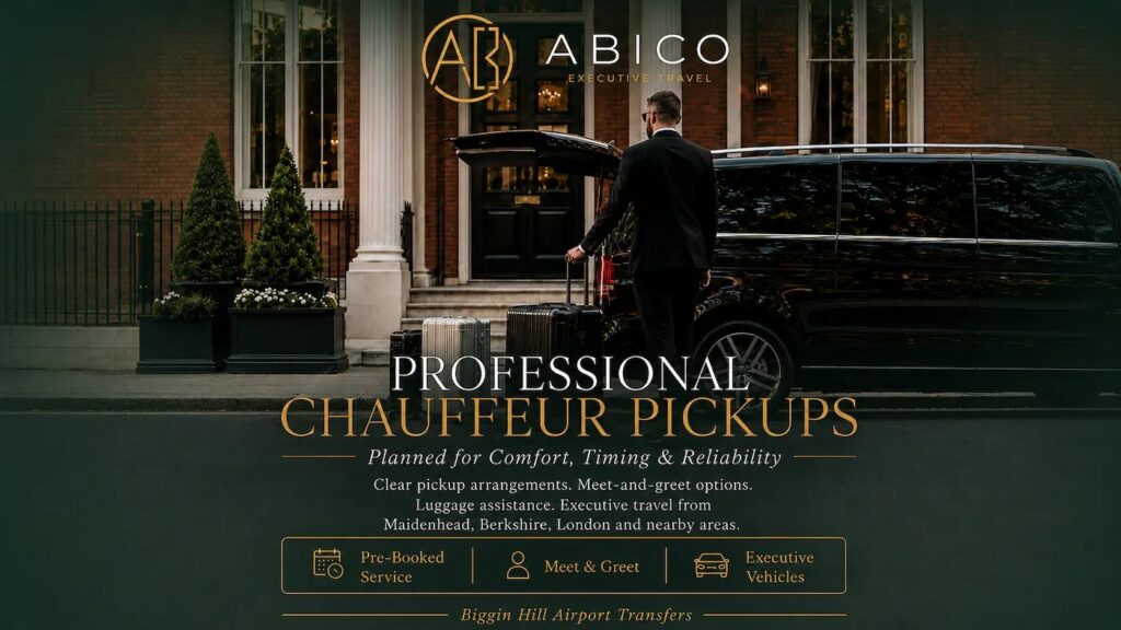 Luxury chauffeur arrival at upscale home with luggage handling and professional executive transport.