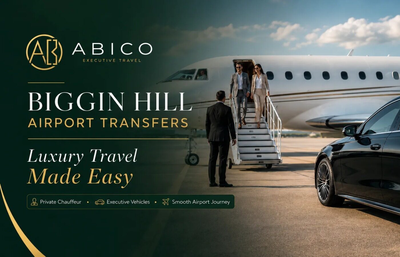 Biggin Hill aviation transfer poster showing jet, luxury car and premium chauffeur travel service