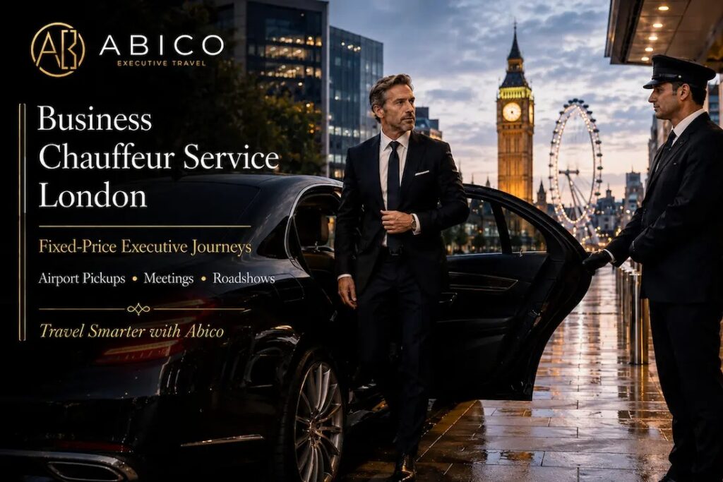 Luxury executive car service in London with businessman arriving for corporate meeting.