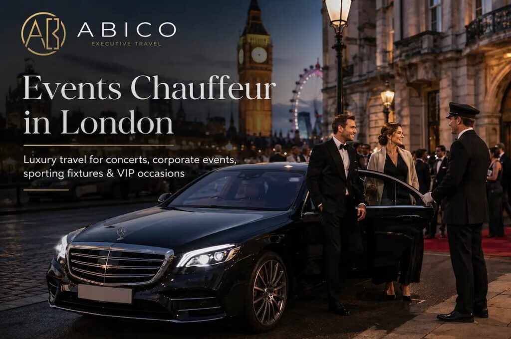 Executive chauffeur service in London for concerts and events, black Mercedes outside grand VIP entrance.
