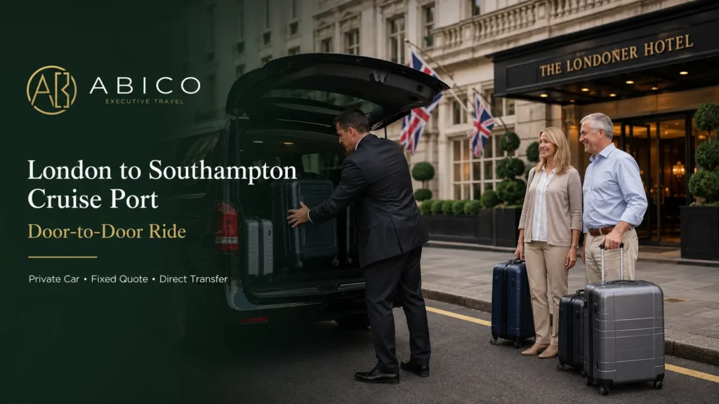 Luxury private car transfer from a London hotel to Southampton Cruise Port with Abico Executive Travel.
