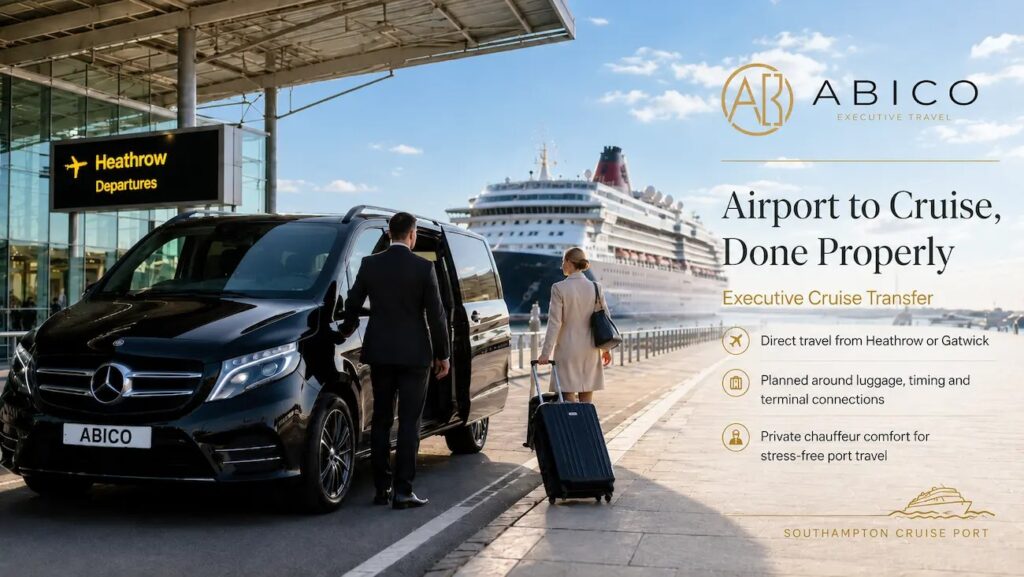 Luxury Heathrow to Southampton cruise transfer by Abico Executive Travel with luggage and executive vehicle.
