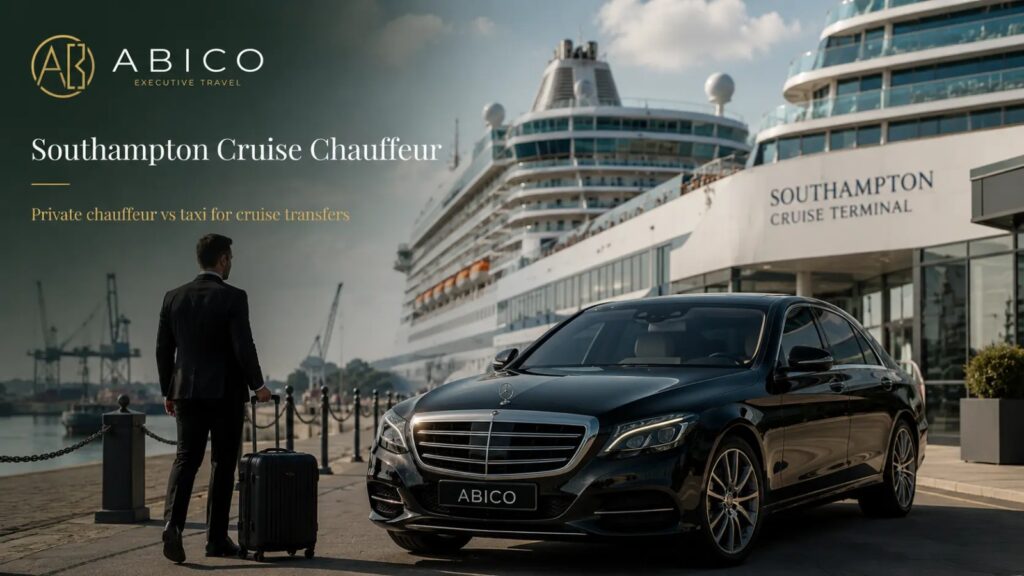 Abico Executive Travel Southampton cruise chauffeur with luxury car near cruise terminal and passenger luggage.
