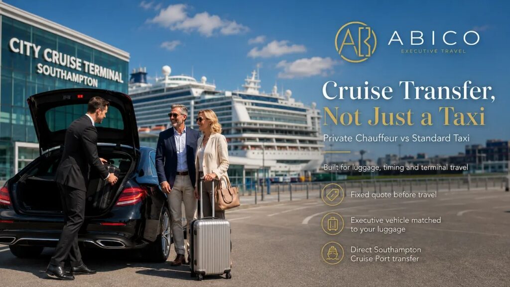 Abico Executive Travel luxury port transfer with professional chauffeur and passengers at cruise terminal.
