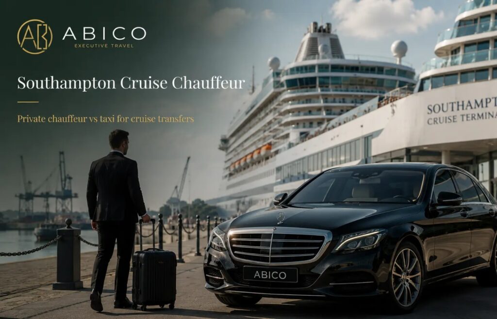 Abico Executive Travel Southampton cruise chauffeur with luxury car near cruise terminal and passenger luggage.