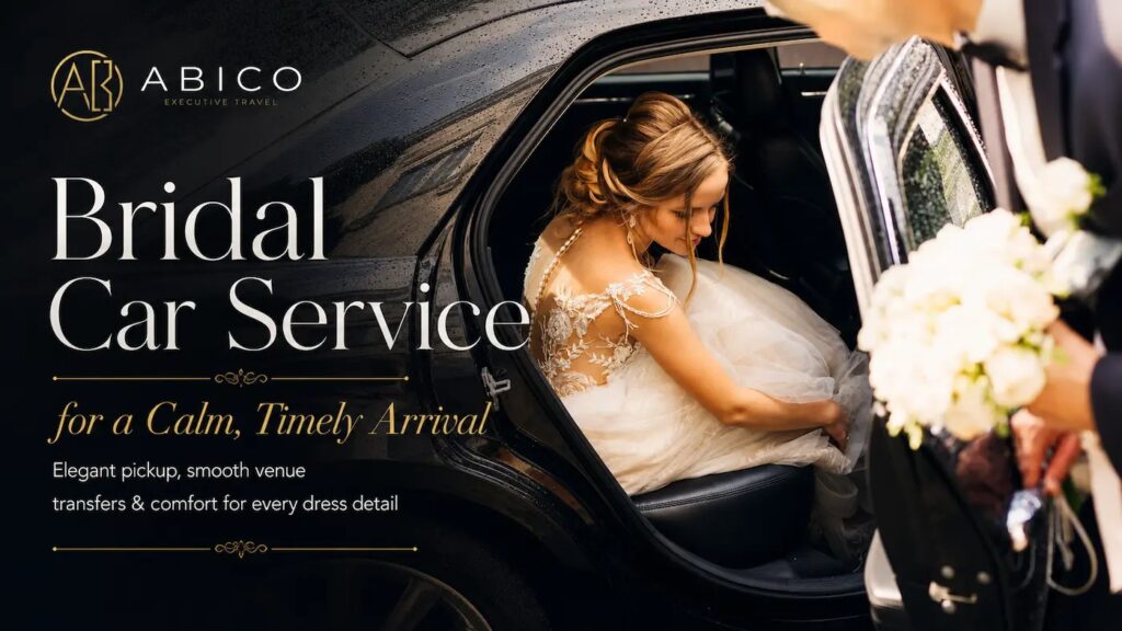 Luxury bridal car service showing bride seated in car with soft wedding lighting and detail focus.
