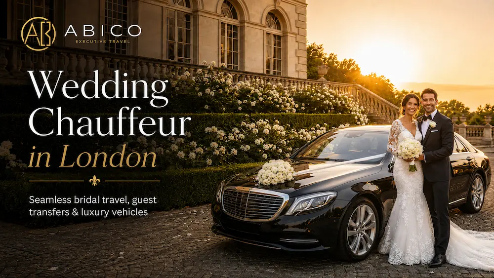  Elegant wedding chauffeur service in London featuring luxury car, bride and groom in romantic setting