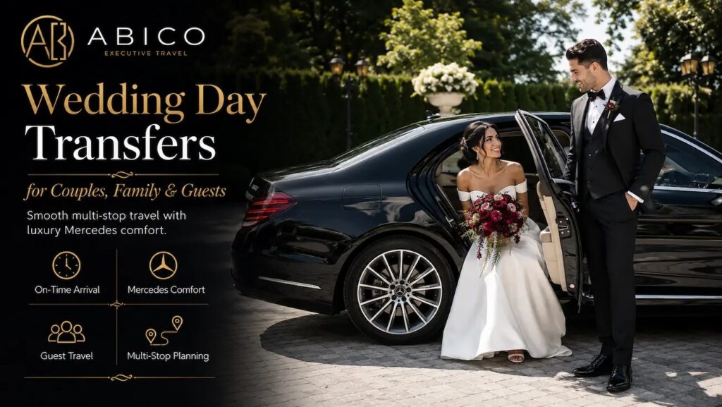  Wedding day chauffeur service with Mercedes vehicle, couple, and structured transport service icons.