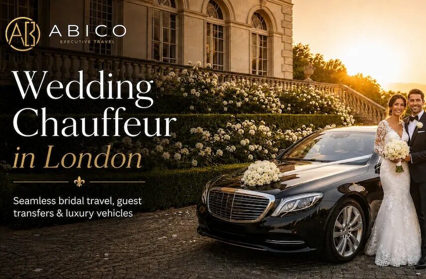 Elegant wedding chauffeur service in London featuring luxury car, bride and groom in romantic setting
