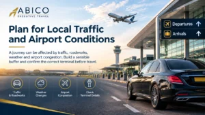 Alt text: Plan for local traffic and airport conditions with a luxury executive car at an airport, highlighting traffic, weather, congestion, and terminal checks. 