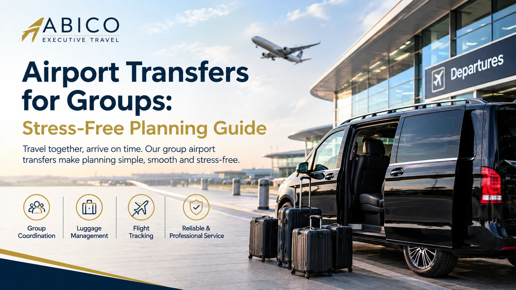 Airport transfers for groups with a luxury black executive vehicle, luggage, and an airport terminal, highlighting stress-free group travel planning by Abico Executive Travel.