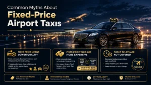 Infographic explaining common myths about fixed-price airport taxis, including pricing, service quality, and flight-delay coverage, featuring a luxury airport taxi and aircraft. 