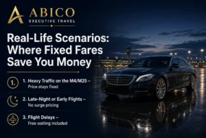 Abico Executive Travel luxury airport transfer with a black executive car, highlighting fixed fares for heavy M4/M25 traffic, late-night or early flights, and flight delays with free waiting. 