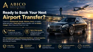 Abico Executive Travel fixed-price airport transfer service with a luxury black executive car outside an airport, highlighting transparent pricing and transfers to Heathrow, Gatwick, Stansted, and Luton. 