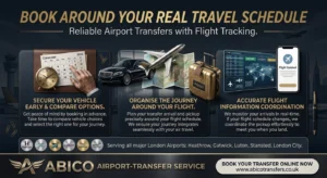 London airport transfer service by Abico offering real-time flight tracking and pre-booked chauffeur travel for Heathrow, Gatwick, Luton, Stansted, and London City. 