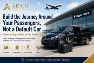 Abico Executive Travel – black Mercedes van at airport with luggage; choose the right vehicle for passengers and comfort. 