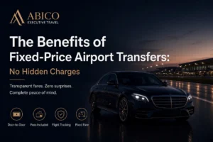 Abico Executive Travel fixed-price airport transfer featuring a luxury black executive car at an airport, with transparent fares, no hidden charges, flight tracking, door-to-door service, and fixed fares. 