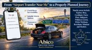 Airport transfer near Maidenhead — black executive chauffeur car loaded with luggage heading to Heathrow, with Google search suggestions for "airport transfer near me" and nearby areas including Taplow, Bray, Cookham and Windsor 