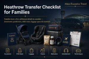 Professional family airport transfer checklist image showing children’s passport, pushchair, child seat, luggage, snacks, medication, and entertainment ready for Heathrow 