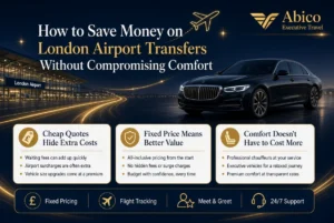 Abico Executive Travel fixed-price London airport transfers infographic – black luxury executive car at night airport terminal with tips on saving money without compromising comfort, including all-inclusive pricing, no hidden fees, professional chauffeurs and 24/7 support. 