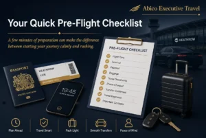 Quick pre-flight checklist for Heathrow: flight time, terminal, passport, baggage, documents, phone charged, and transfer confirmed 