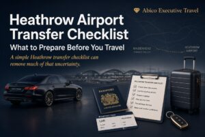 Heathrow Airport Transfer Checklist, Abico Executive Travel sedan, luxury bag, passport, and boarding passes. 