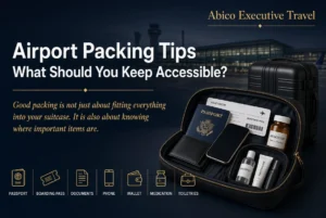 Professional airport packing tips image showing open cabin bag with passport, boarding pass, phone, wallet, medication, and toiletries ready for Heathrow 